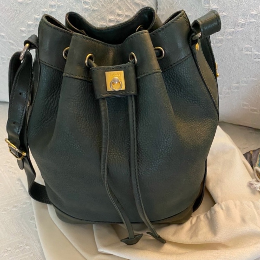 RARE~ Céline ~ Loden Tumbled Calfskin Bucket Bag with Scarlet Calfskin Interior - Picture 3 of 16